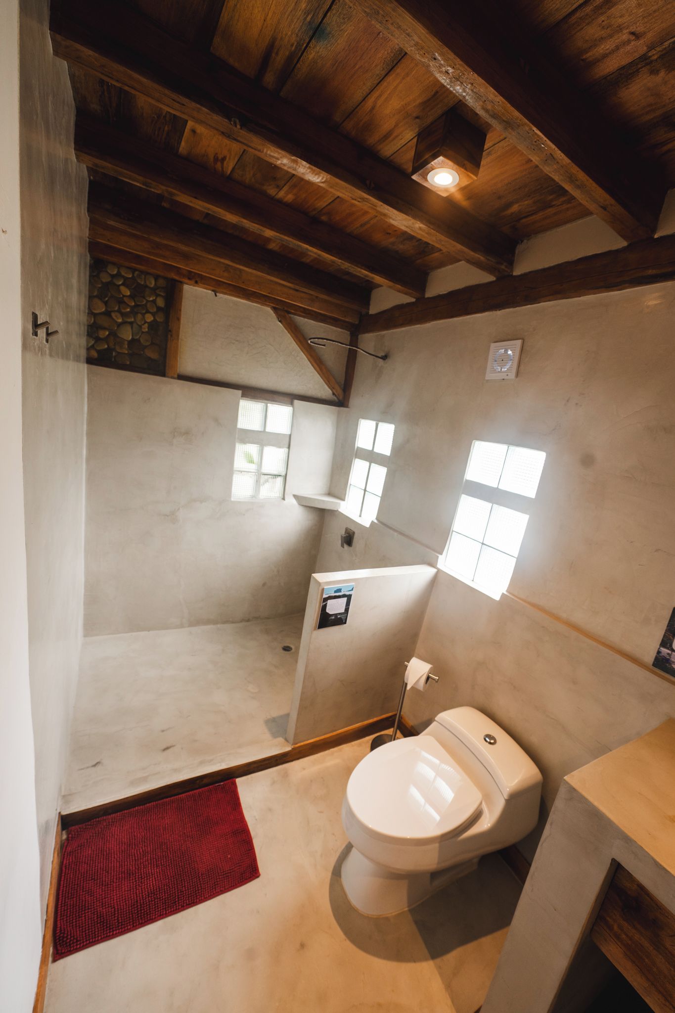 Une salle de bain avec des toilettes, un espace douche et un tapis rouge.