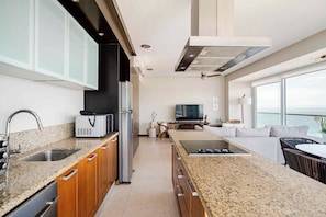 A modern kitchen with granite countertops, stainless steel appliances, and a built-in oven. - Beachfront Peninsula Puerto Vallarta, ocean and mountain views, 2 bedrooms. (Puerto Vallarta)