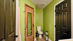Ein Badezimmer mit Toilette, einer Holztür und einer grünen Wand.