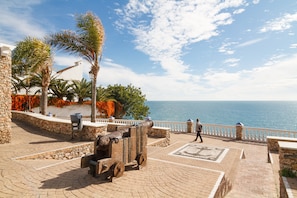 A paved walkway with stone walls, palm trees, and a view of the sea. - Apartment in Nerja Near Carabeillo Beach (Nerja)