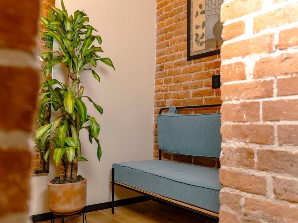 A room with a brick wall, a blue sofa, and a potted plant.