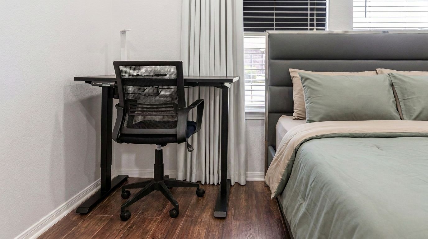 Une chambre à coucher avec un lit, un bureau avec une chaise et une fenêtre avec des stores.