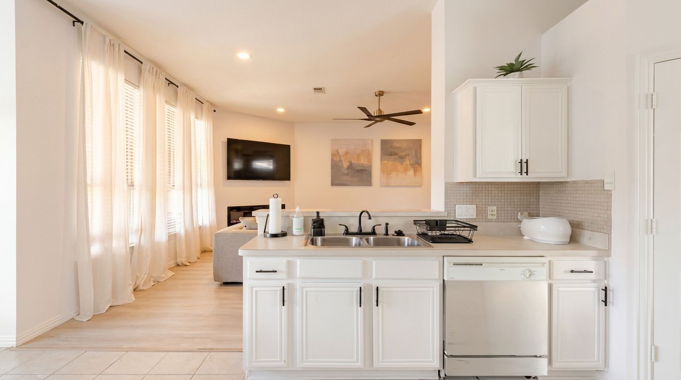 A modern kitchen with white cabinetry, a built-in dishwasher, and a ceiling fan.