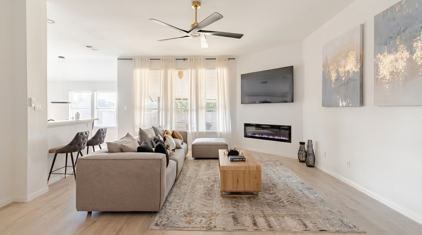 Un salon moderne comprenant un canapé, un pouf, une table basse et un téléviseur à écran plat fixé au mur.