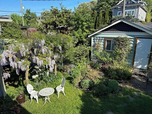 A residential garden with a small shed, a pergola with flowering vines, and a lawn with a table and chairs. - Private Artist's Suite & Garden | Commercial Drive (Vancouver)
