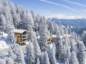A wooden lodge with multiple levels and balconies, surrounded by snow-covered trees and mountains. - Cabin in Turrach With Sauna and Balcony (Stadl-Predlitz)