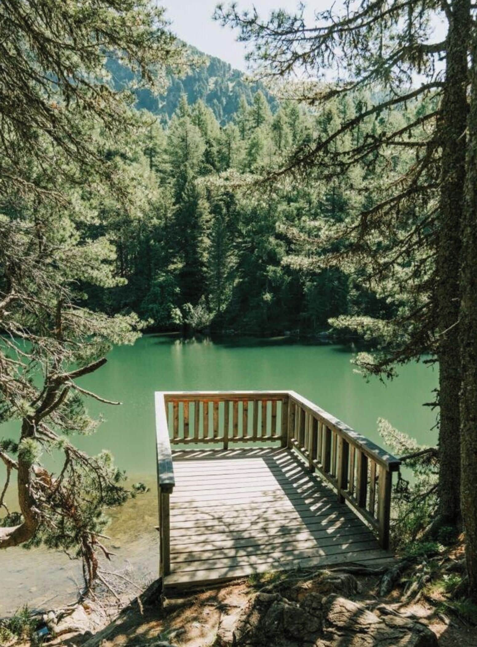 Une jetée en bois mène à un lac paisible, entouré d’une forêt dense.