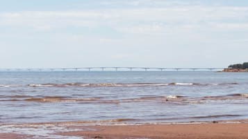 A beach with a bridge in the distance.
