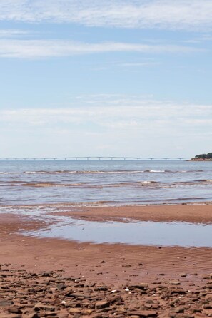 A beach with a bridge in the distance.