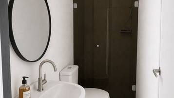 A bathroom with a white sink, a toilet, and a shower enclosure.