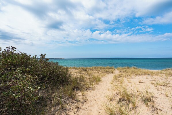 A sandy beach path leading to the sea with sparse vegetation on the left. - Beachfront Condo | Lake Views + King Bed (Glen Arbor)