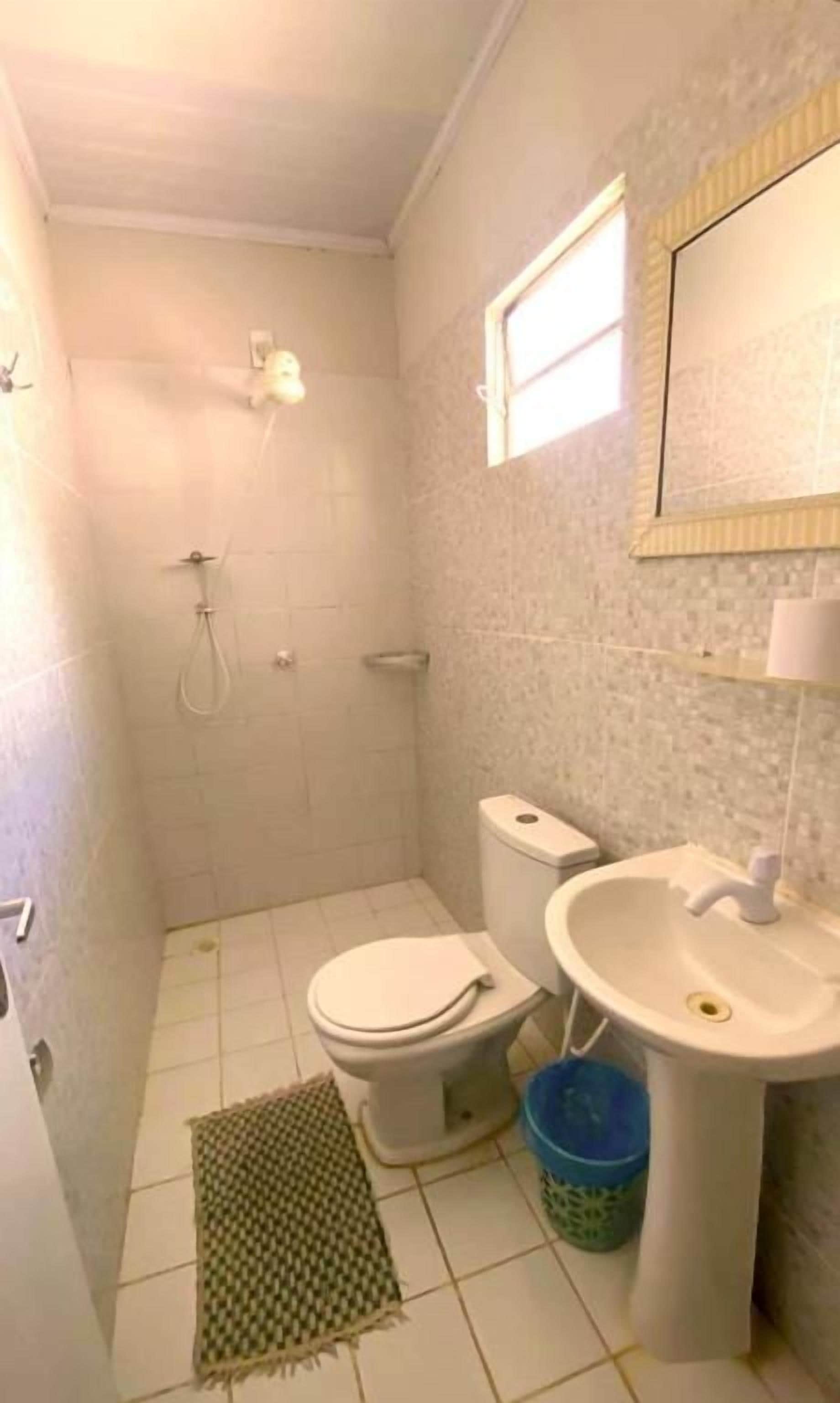 A small bathroom with a toilet, sink, and shower.