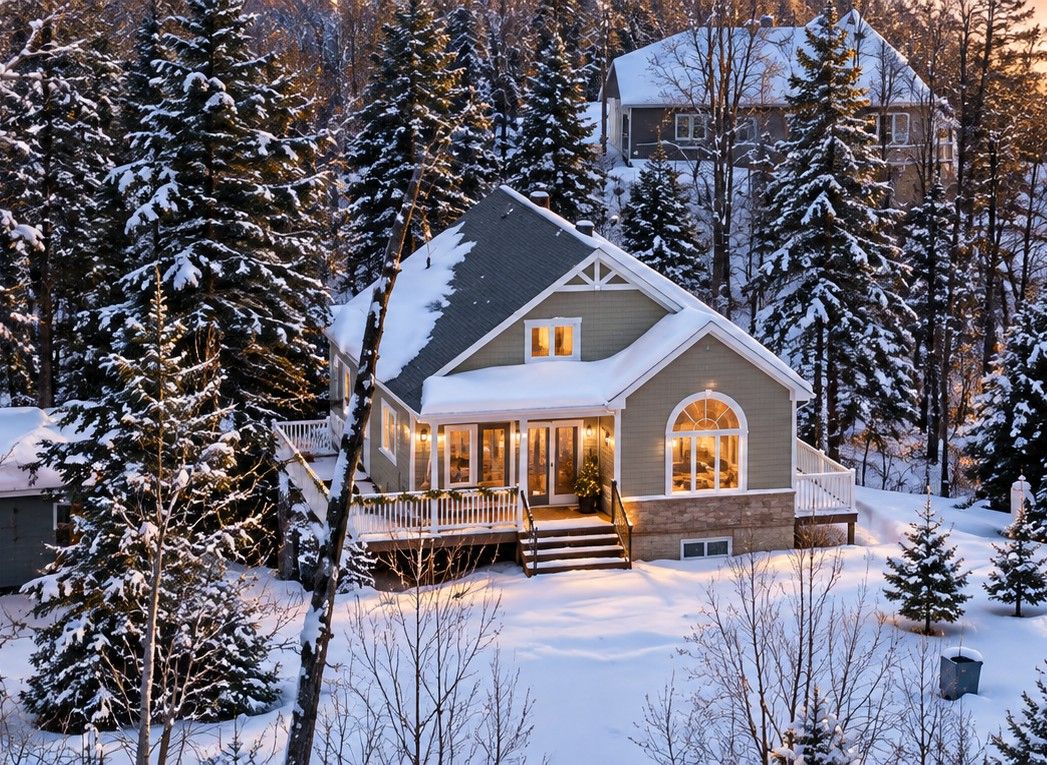 A house with a covered porch, a chimney, and snow-covered trees.