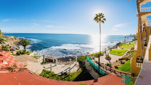 A coastal hotel with a view of the ocean, a palm tree, and a paved walkway. - Oceanfront Angel Villa with dipping pool, dog friendly and secure garage (B.C.)