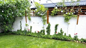 Un giardino con un muro bianco, erba verde e piante rampicanti.