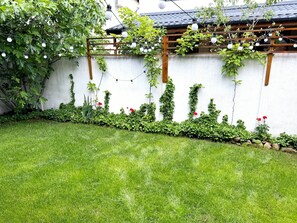 A garden with a white wall, green grass, and climbing plants. - A cosy villa with private garden and free parking, on the outskirts of Bucharest (Bragadiru)