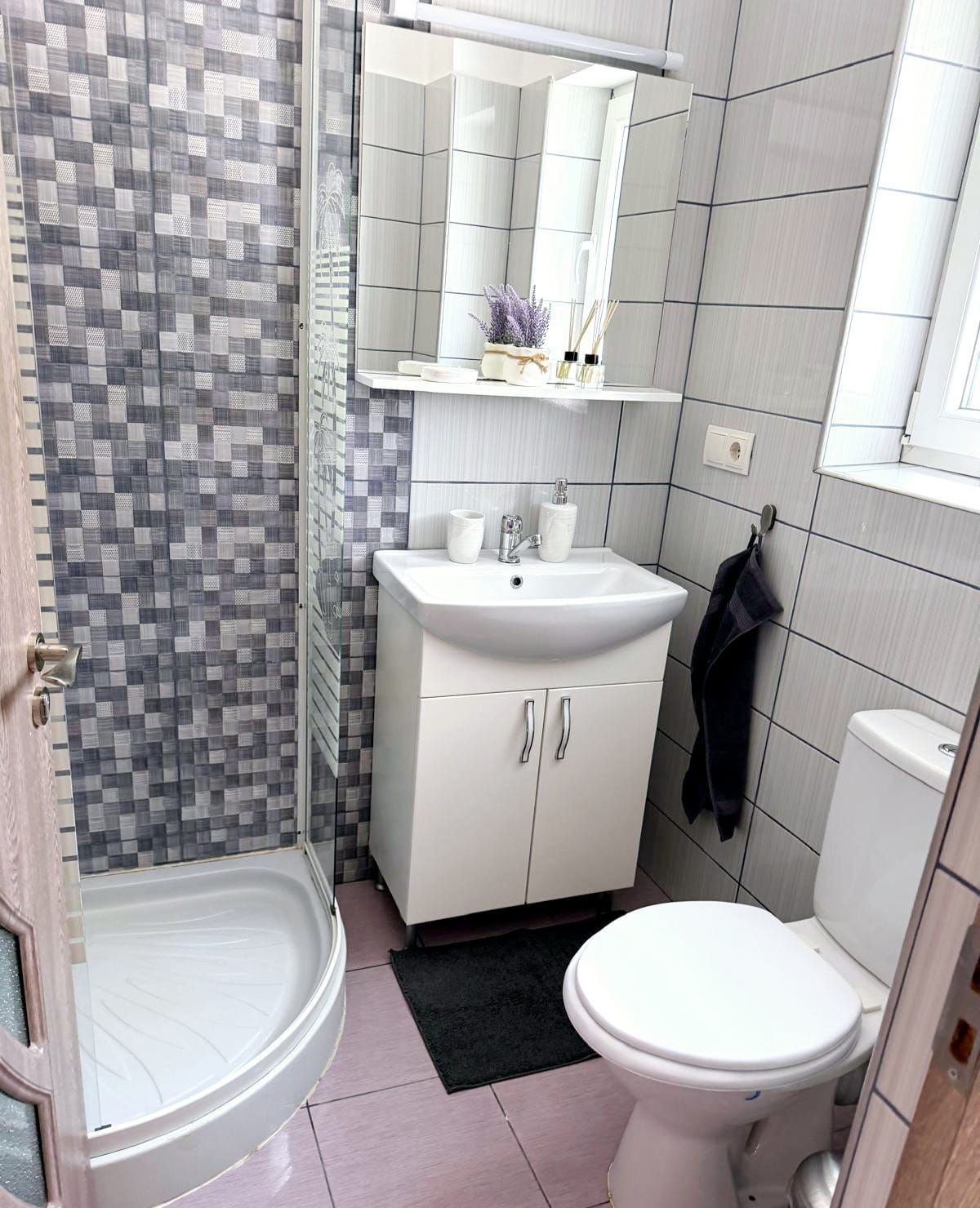 Een badkamer met douche, toilet, wastafel en een spiegel boven de wastafel.