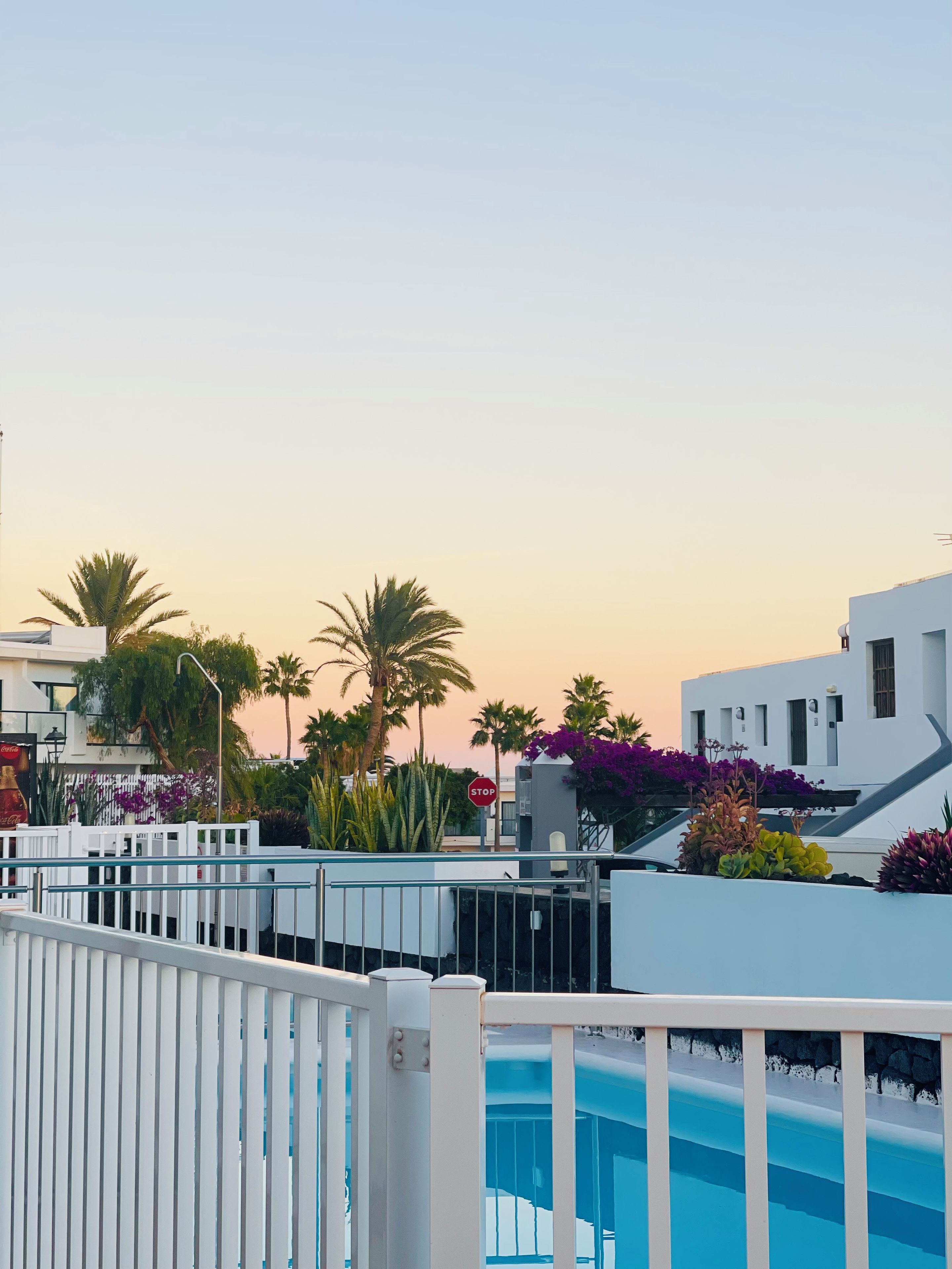 Un área de piscina con una valla blanca, palmeras y un edificio de diseño moderno.