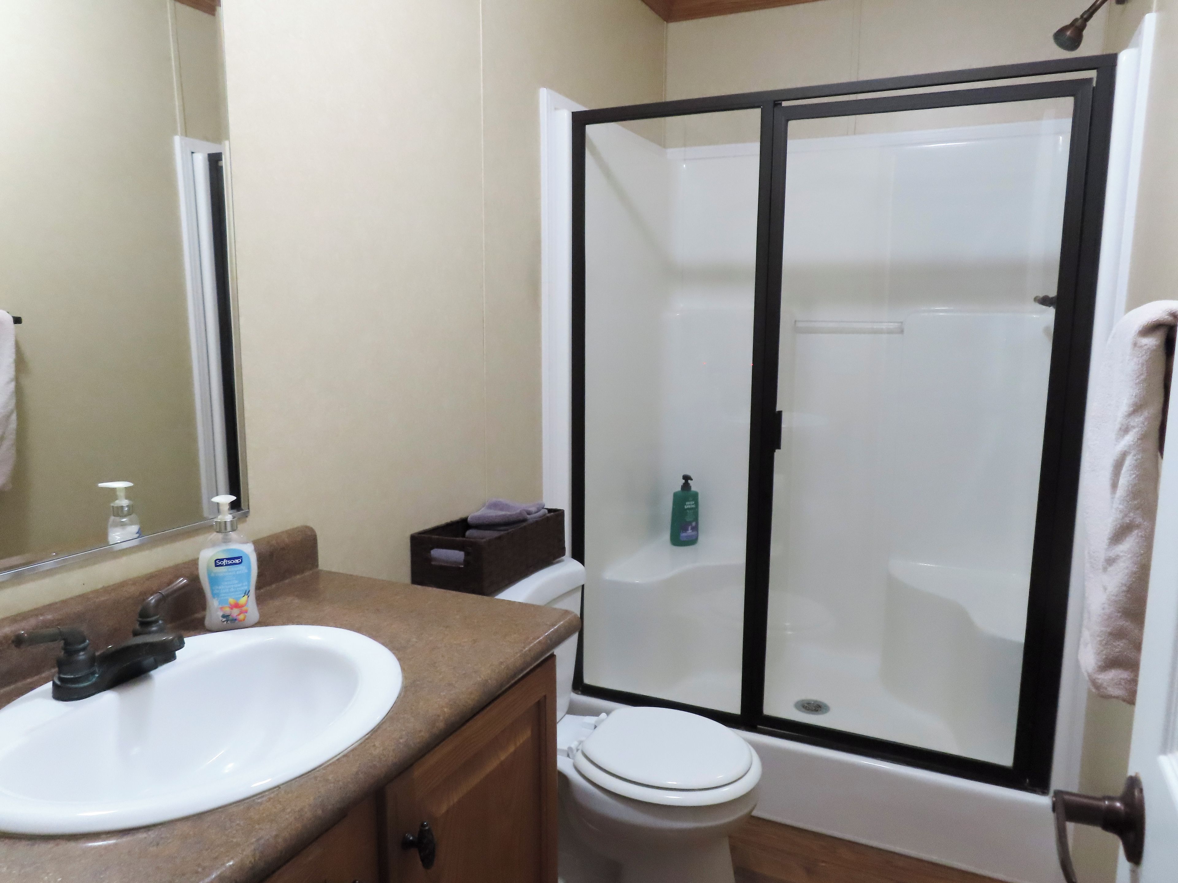 A bathroom with a sink, mirror, toilet, and a glass-enclosed shower area.