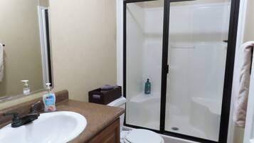 A bathroom with a sink, mirror, toilet, and a glass-enclosed shower area.