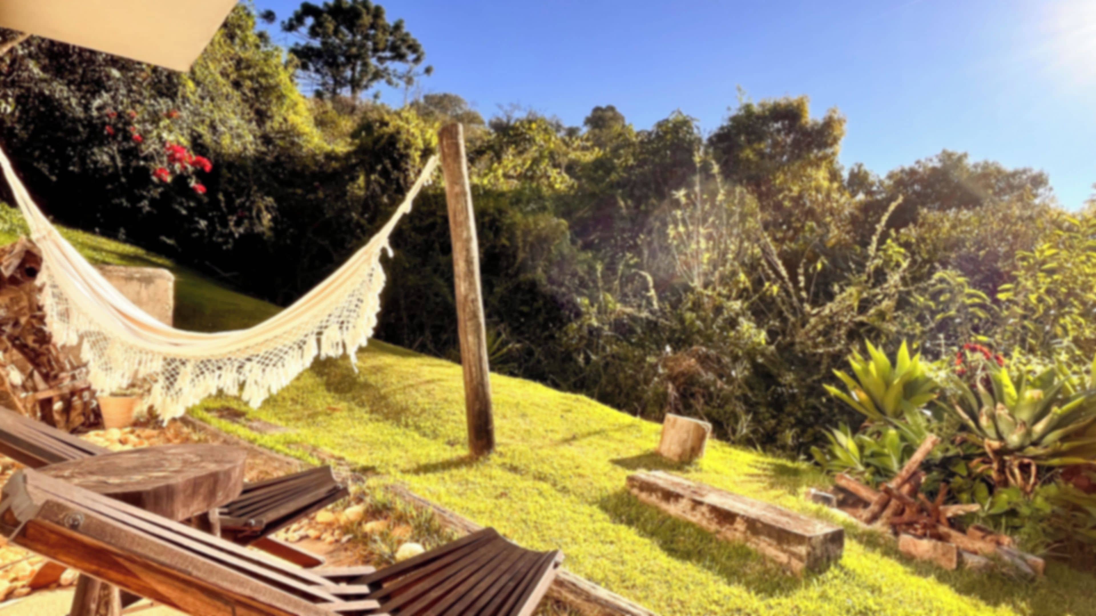 Una hamaca, sillas de madera para relajarse y un jardín con diversas plantas y árboles.