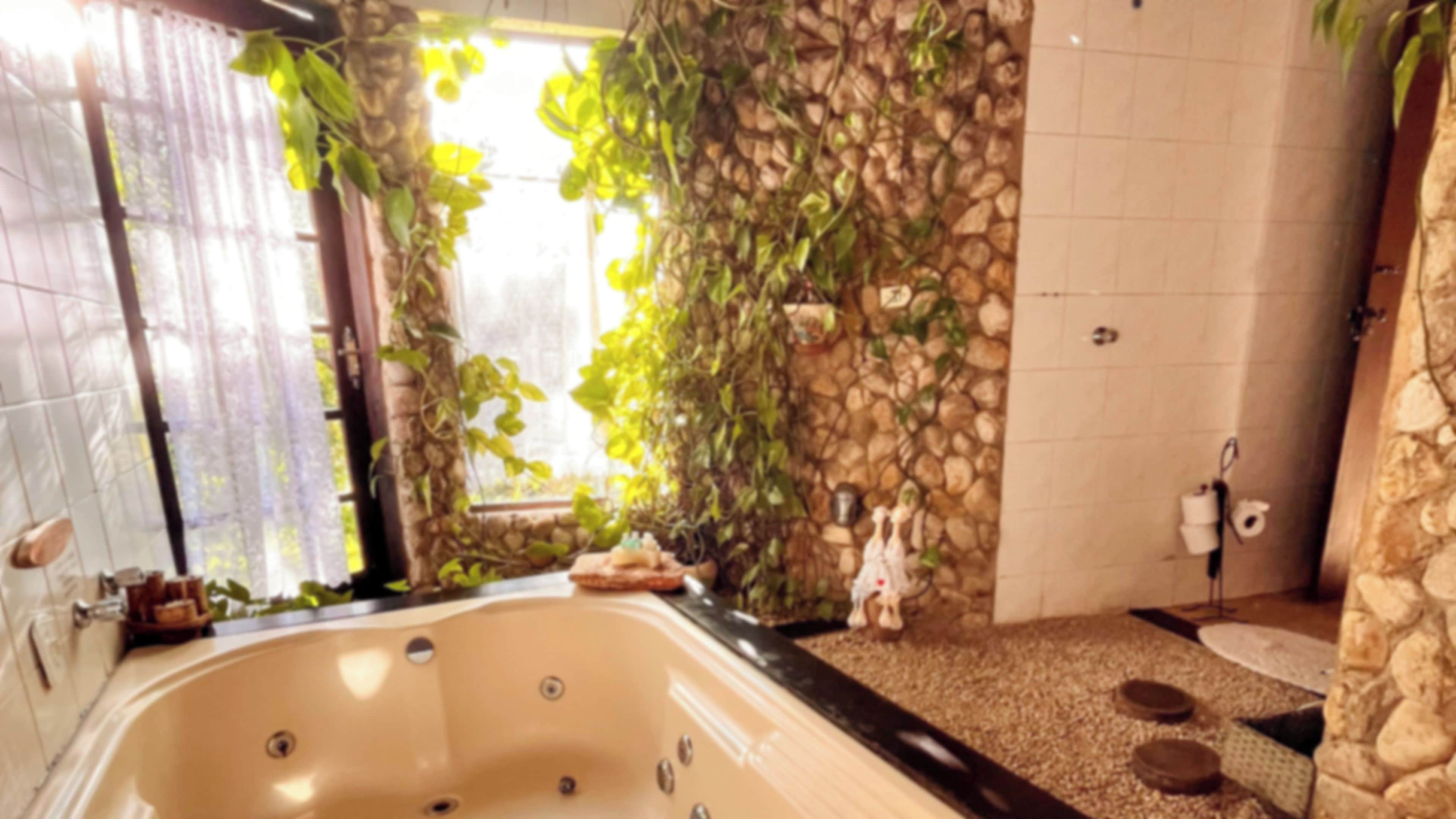 Een badkamer met een stenen muur, een bad en een douche.