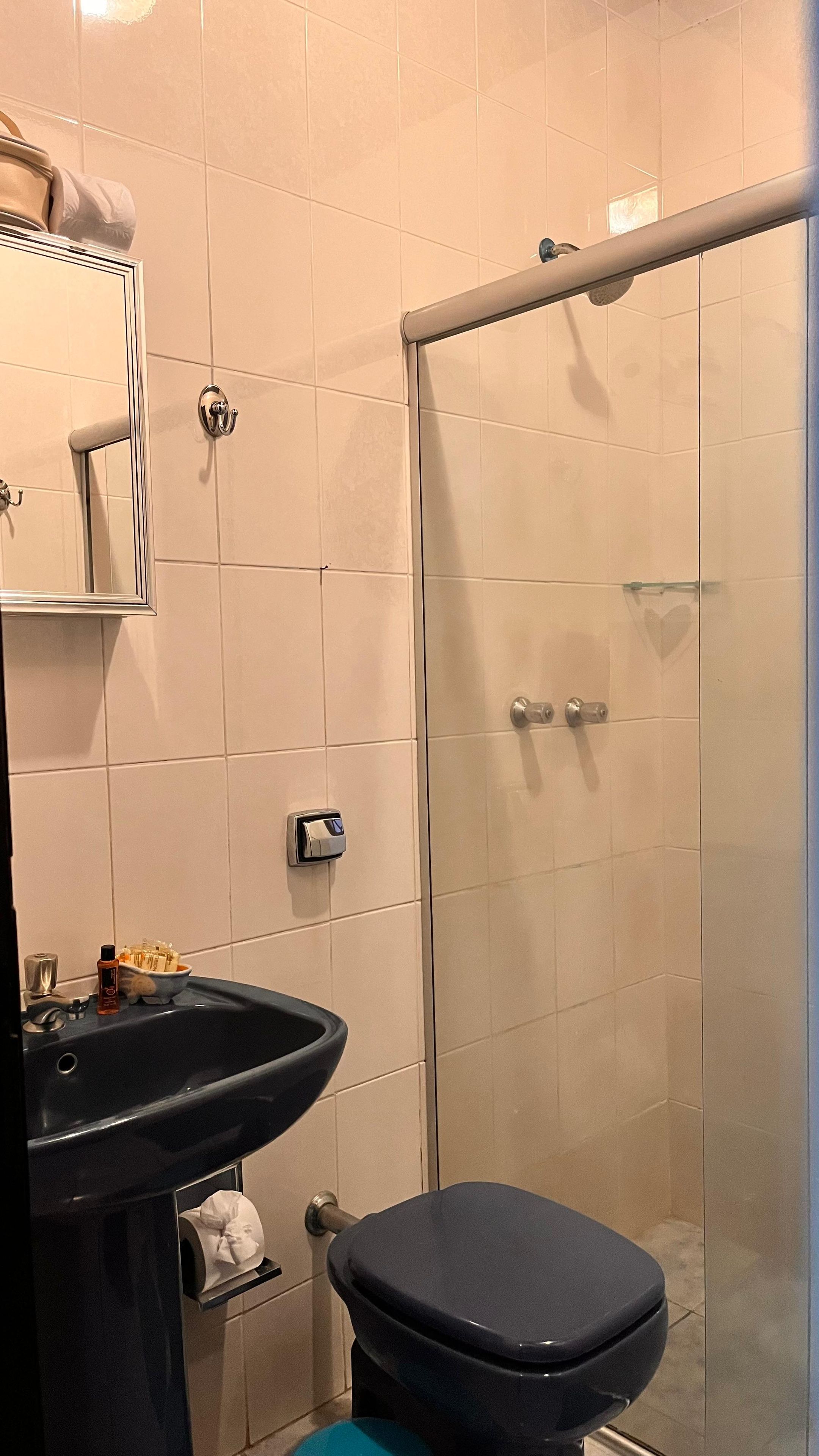 Un baño con cabina de ducha de vidrio, un lavabo con artículos de aseo y un inodoro.