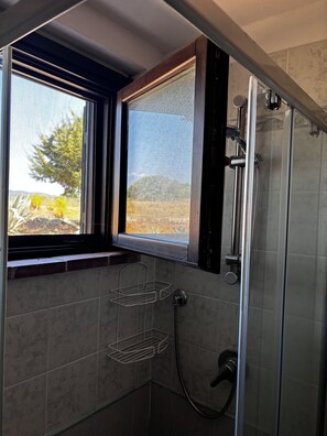 A shower area with a window, a towel rack, and a showerhead. - La Quercia Two-Room Apartment in the Heart of the Maremma (Grosseto)