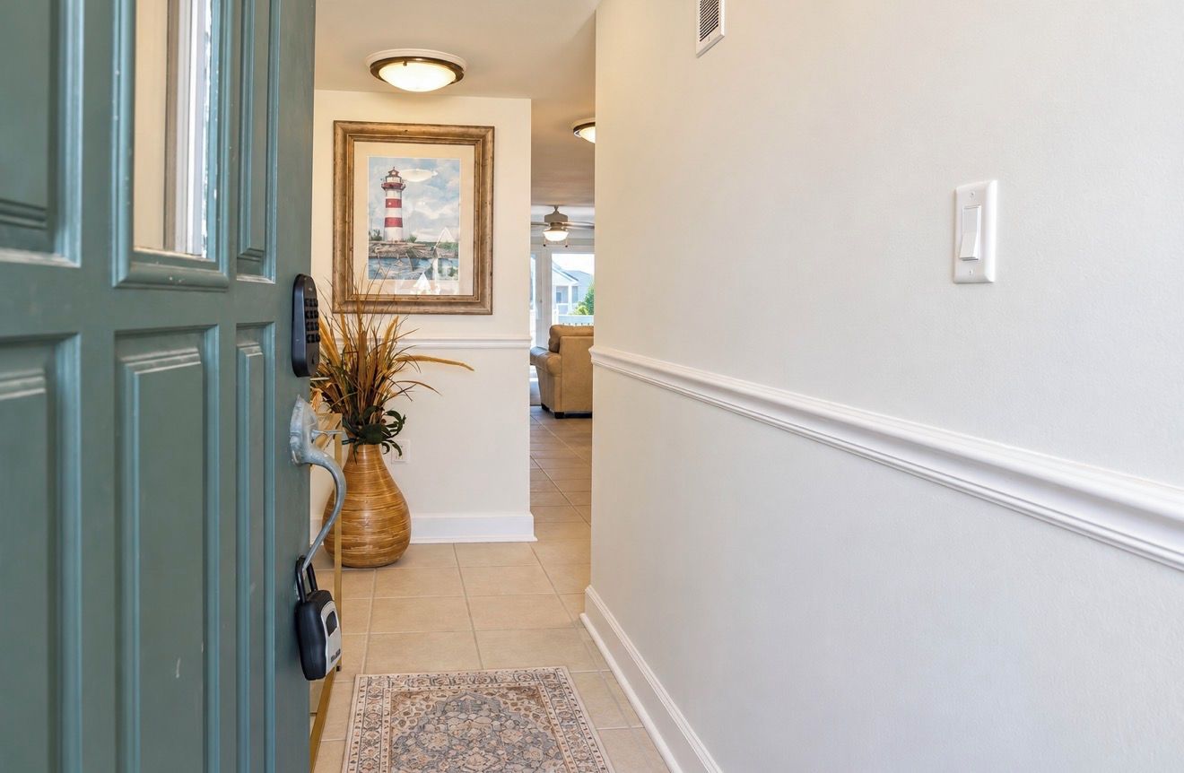 A hallway with a door, a framed picture, a potted plant, and a rug.