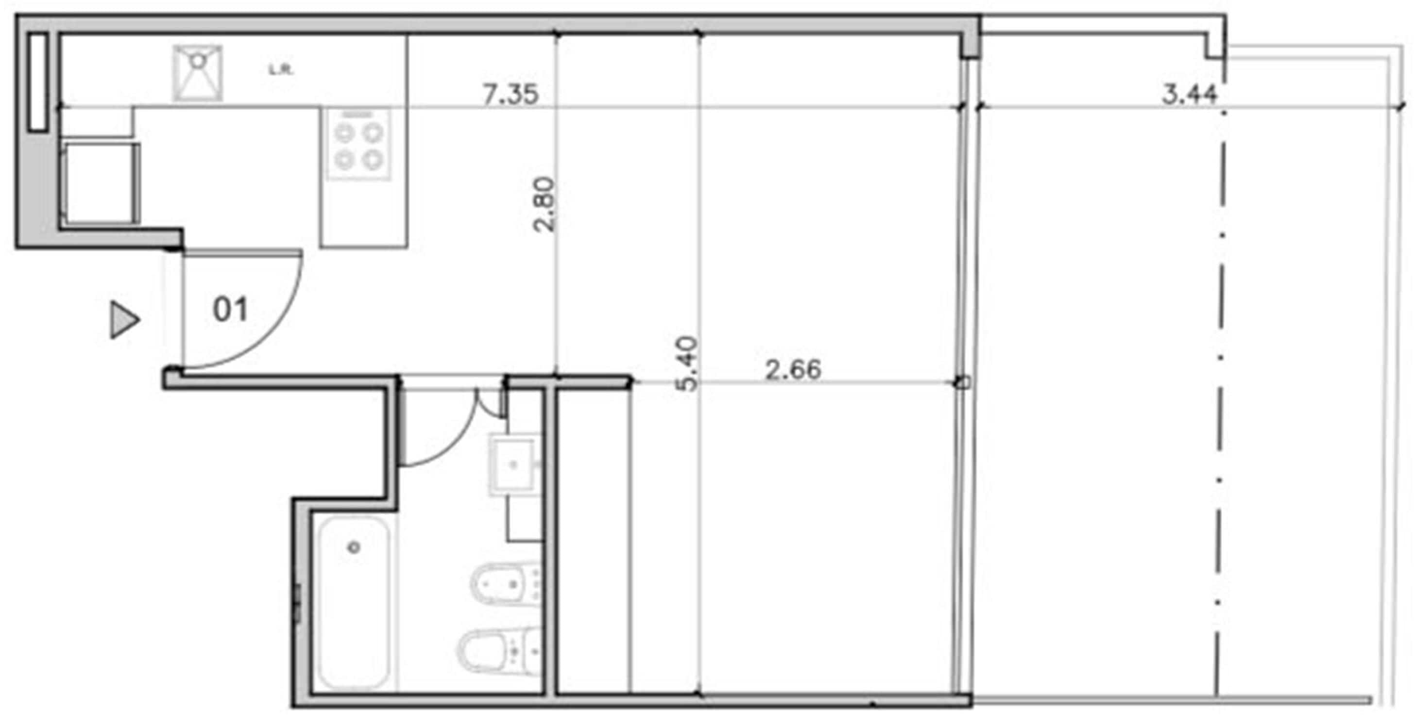 A floor plan with a kitchen, a bathroom, and a living area.