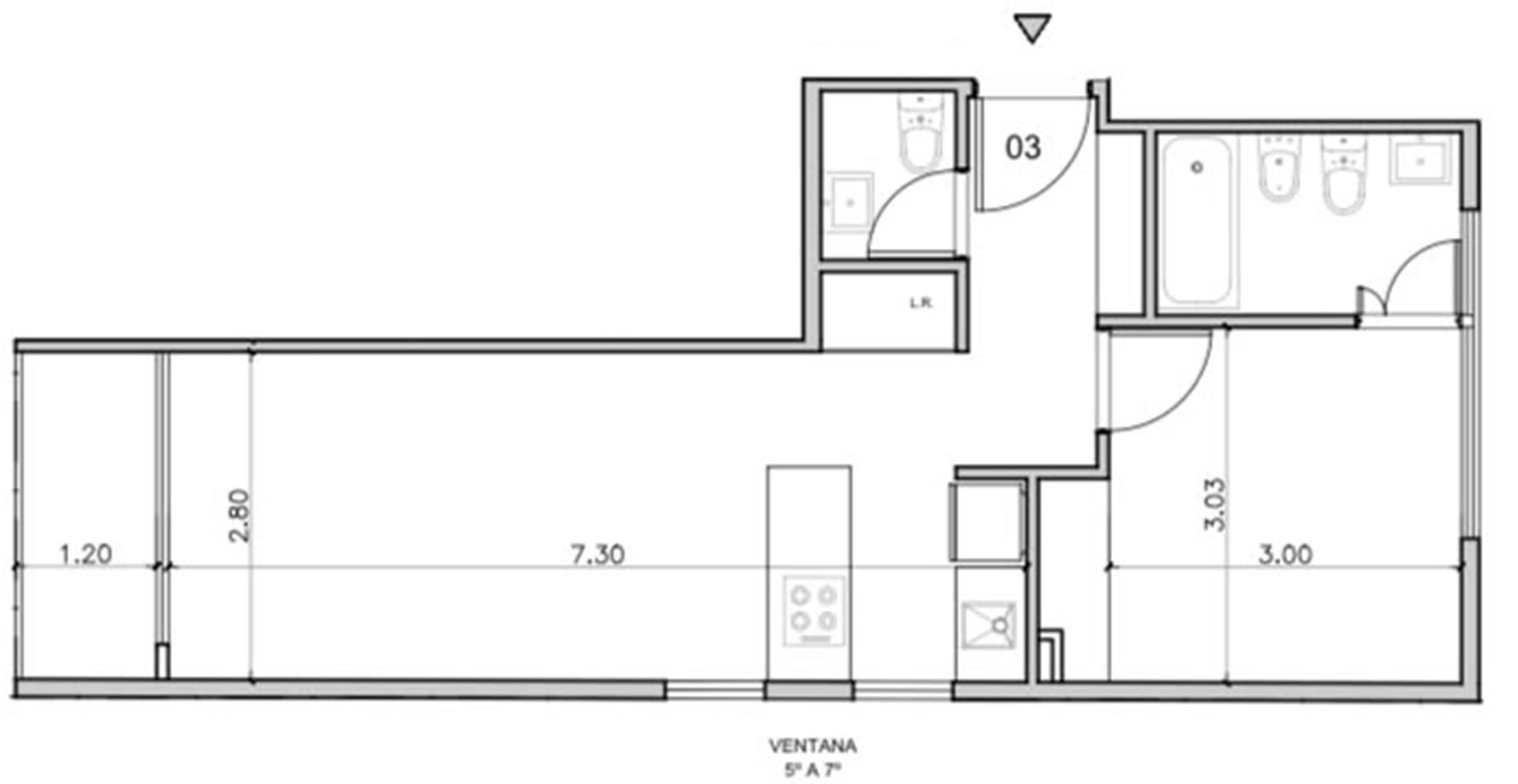A floor plan with a kitchenette, a bathroom, and a living area.