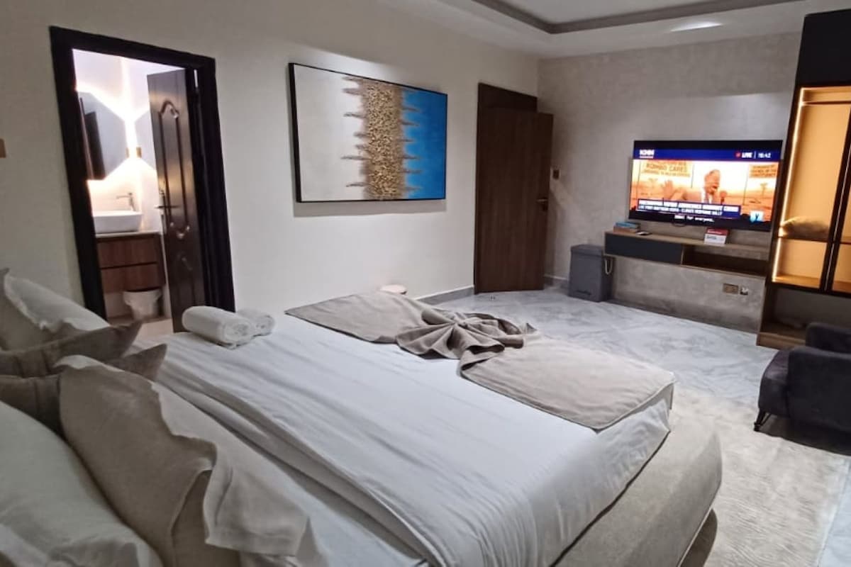 Une chambre d’hôtel avec un lit, une télévision, un bureau et une chaise.