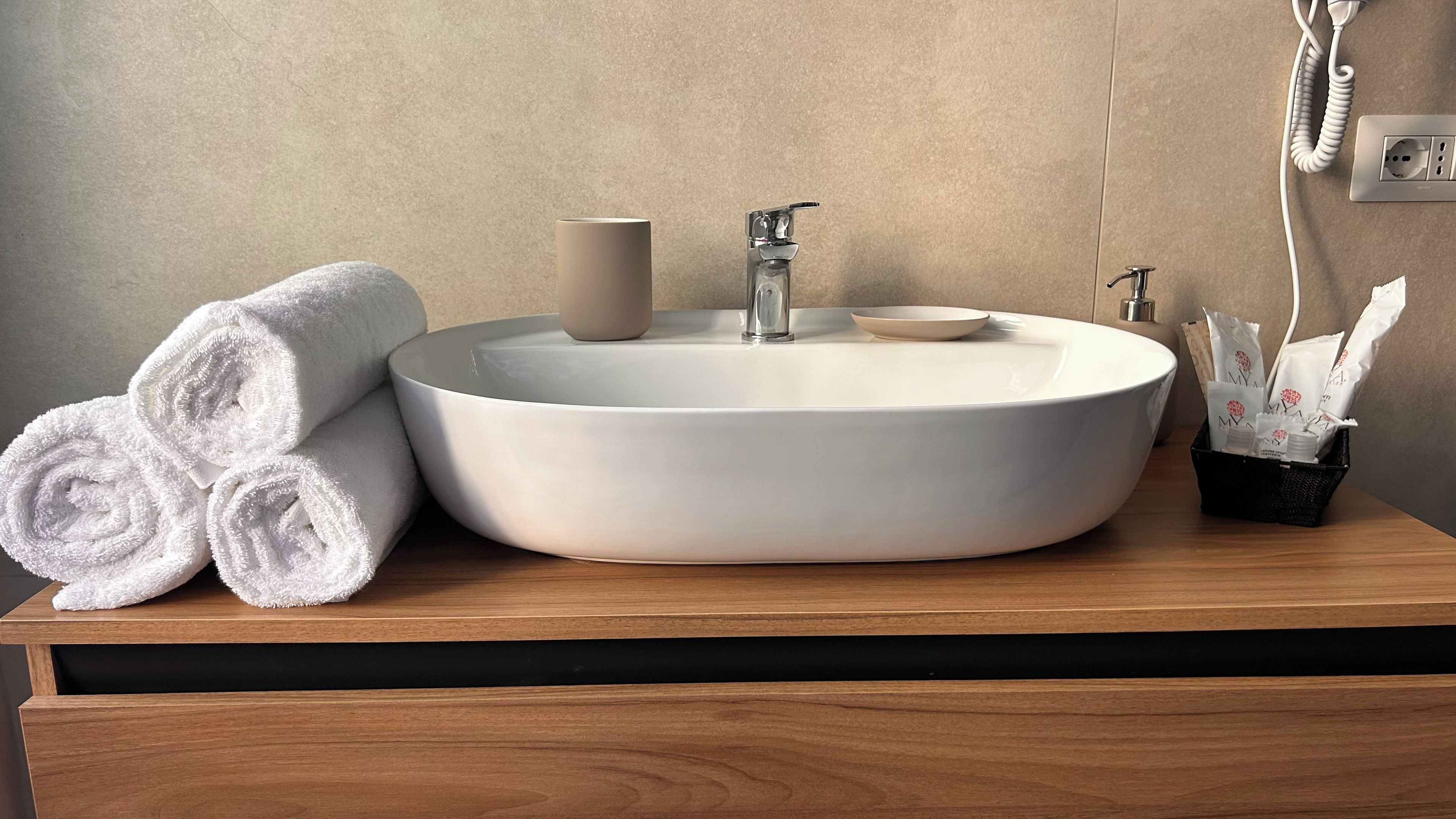 Ein Badezimmer mit einem runden Waschbecken, einem Handtuchhalter mit aufgerollten Handtüchern, einem Seifenspender und einem Taschentuchspender.