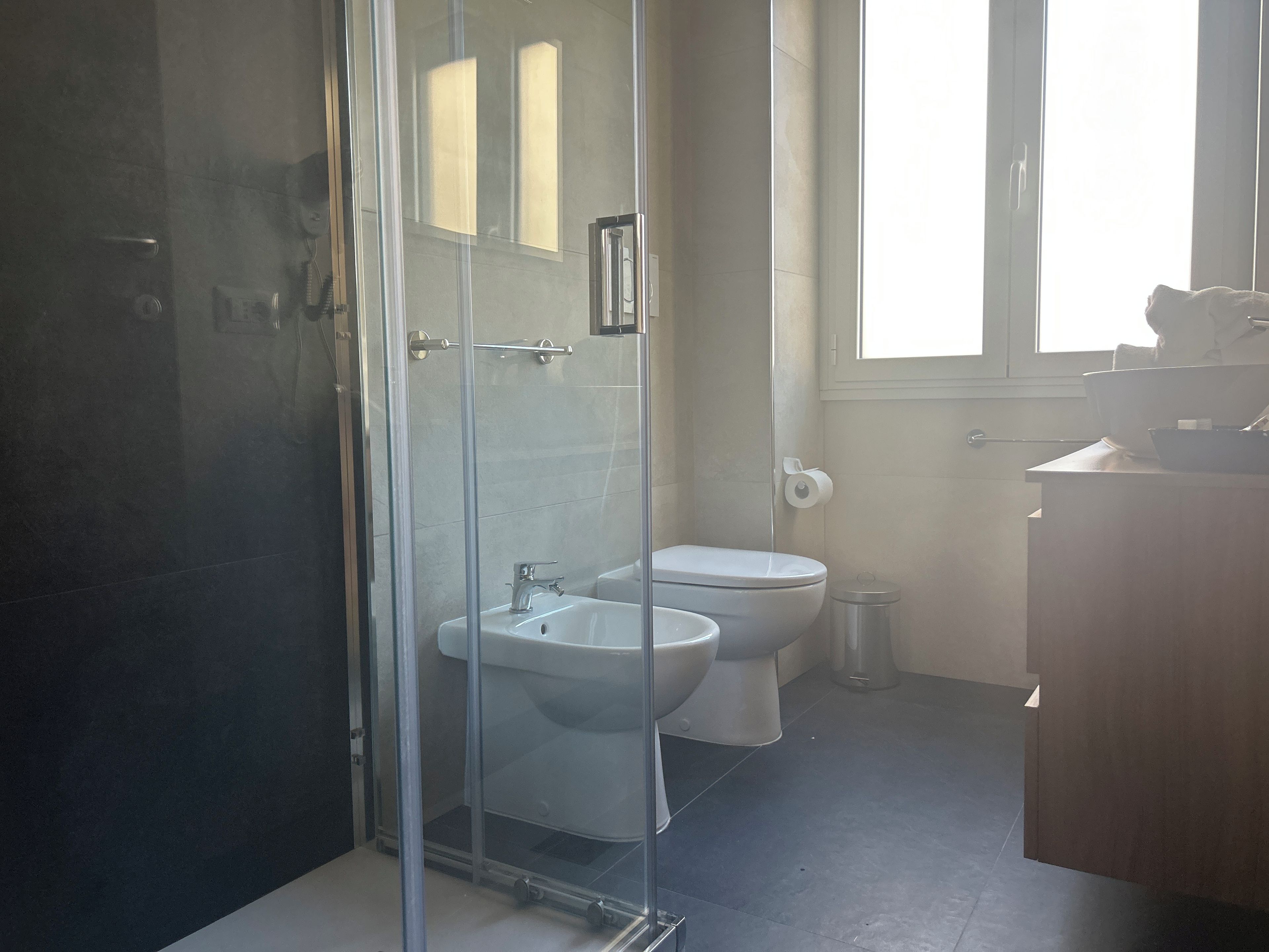 A bathroom with a glass shower enclosure, a toilet, and a bidet.