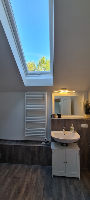 A modern bathroom with a skylight, a large mirror, and a wooden floor.
