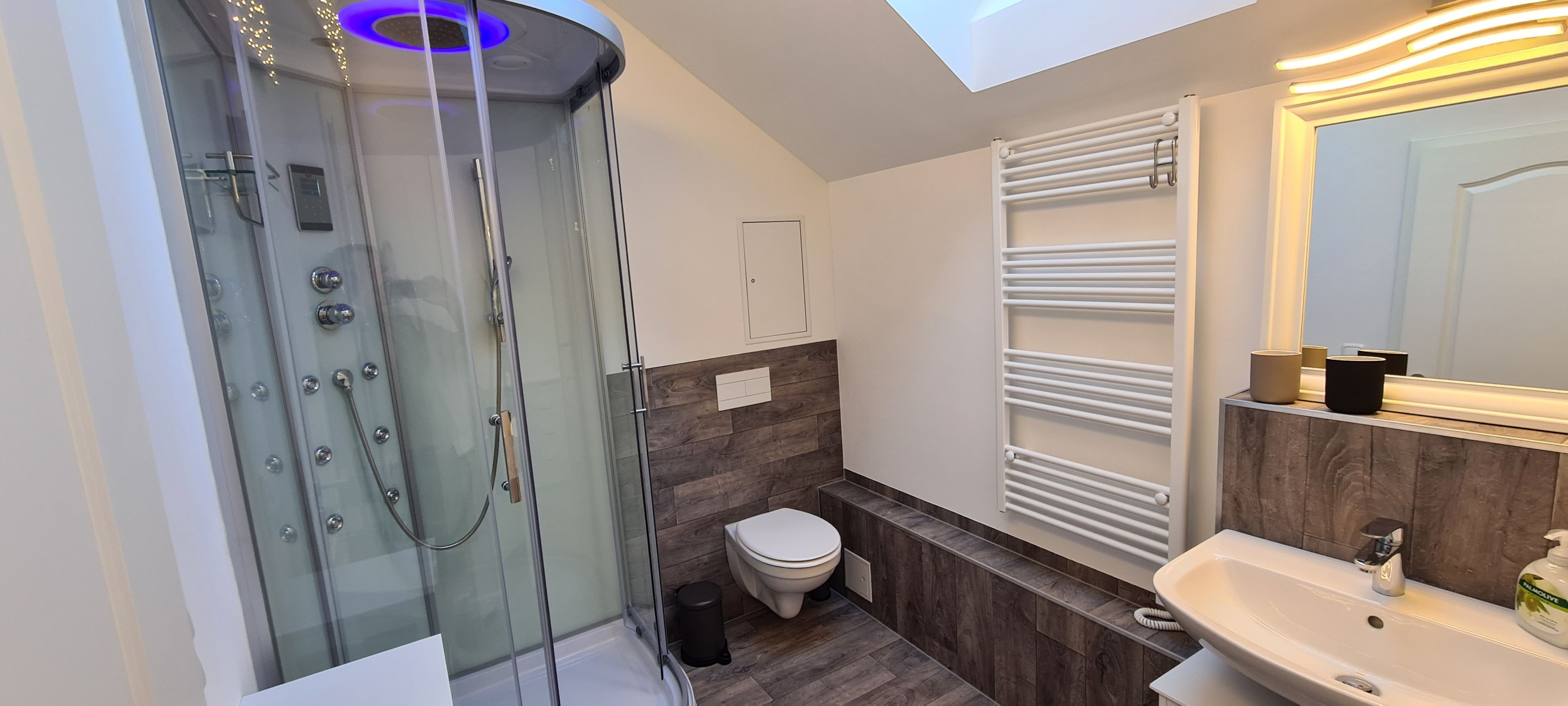 Ein modernes Badezimmer mit Duschkabine, Toilette, Waschbecken und Spiegel.