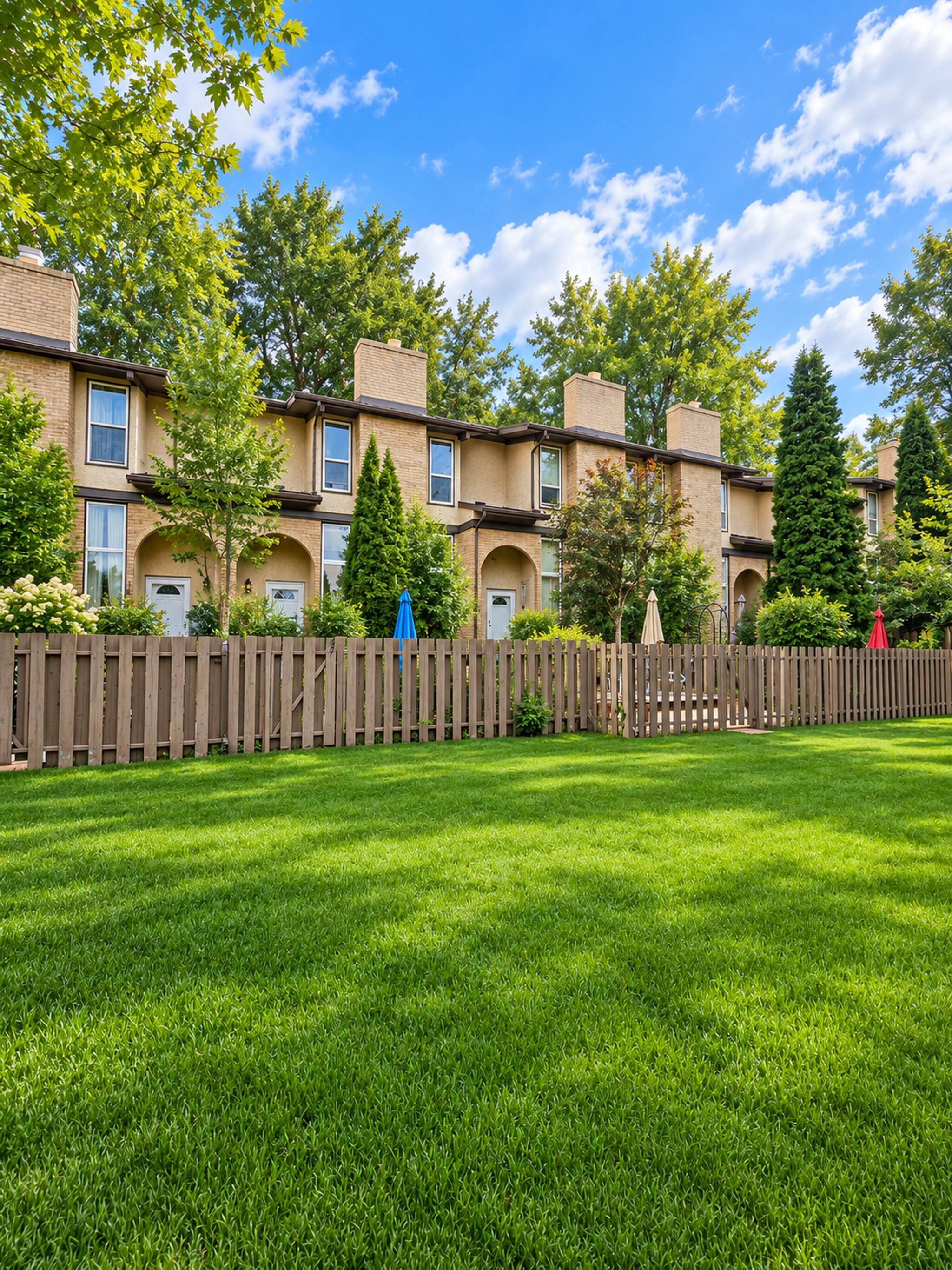 Un edificio residencial con un césped bien cuidado y una valla de madera.