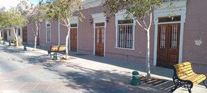 Una calle con edificios, árboles y bancos.