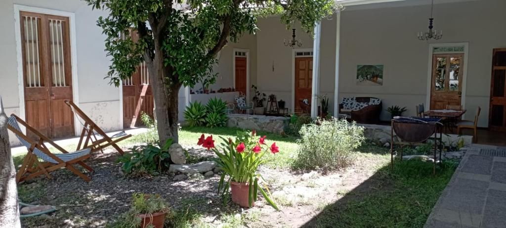 A courtyard with a seating area, a tree, and a potted plant with red flowers.