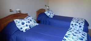 Una habitación con dos camas, cada una con cubrecama azul y almohada estampada.