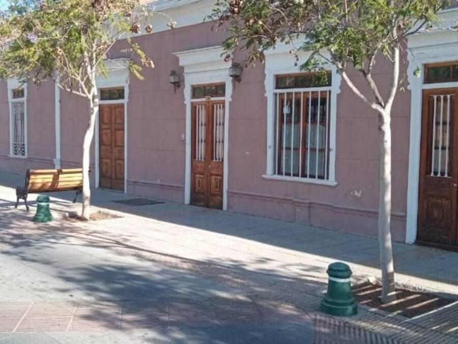 Rua com edifícios, árvores e bancos.
