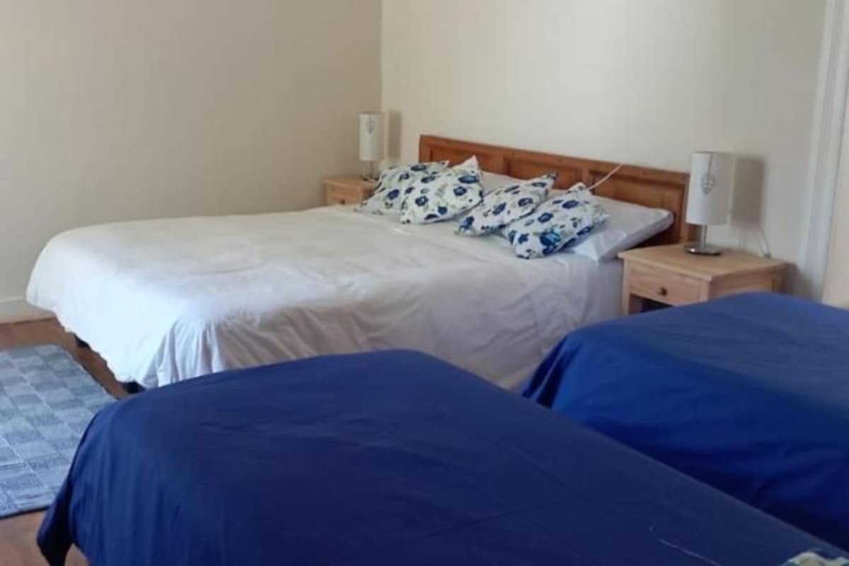 A bedroom with two beds, a nightstand, a lamp, and a patterned rug.