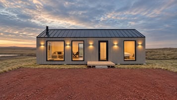 Et moderne hus i et plan med metal tag, store vinduer og en træterrasse.