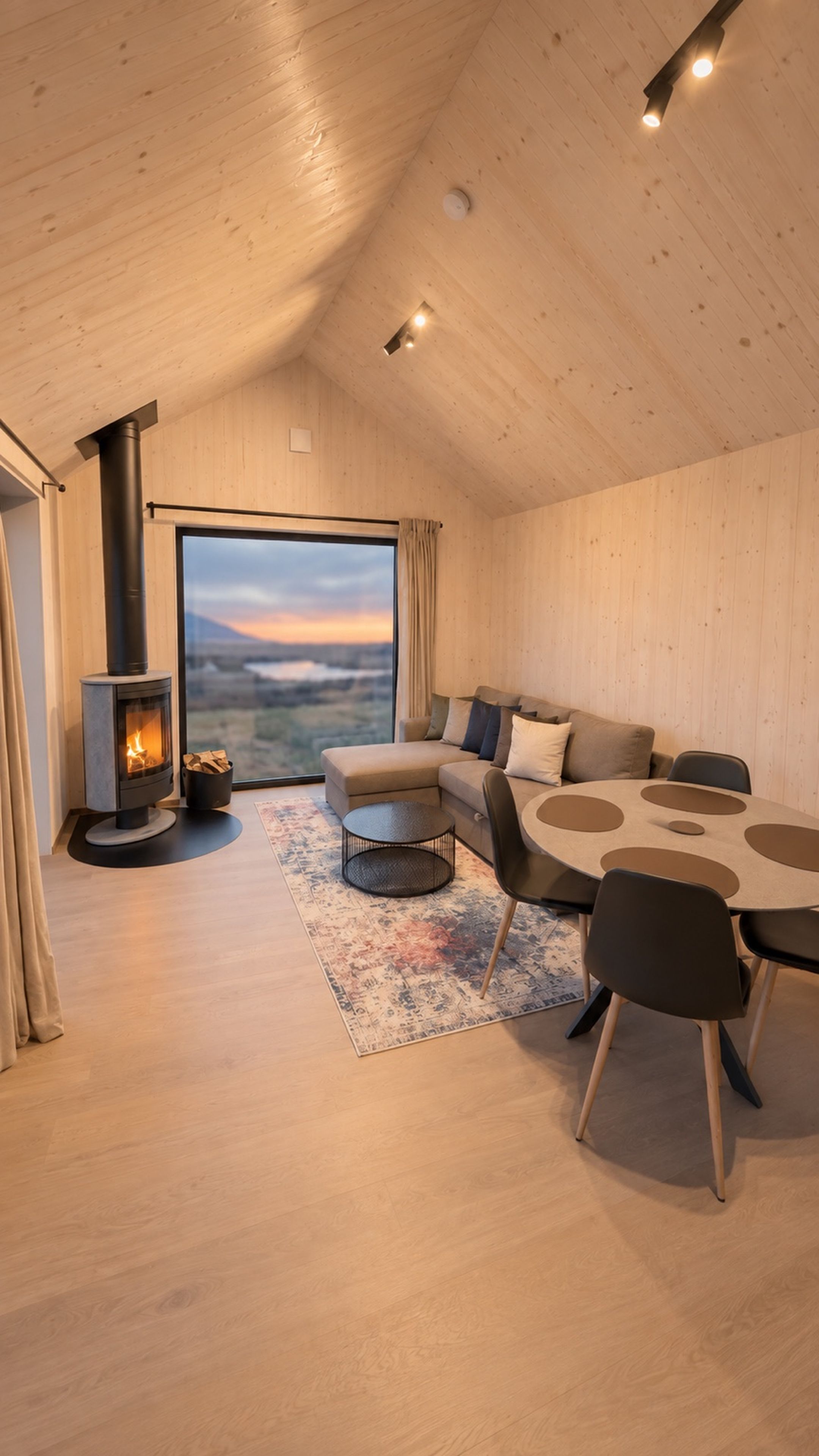 A cozy room with a built-in wood stove, a large window with a view, a sectional sofa, and a round table with chairs.