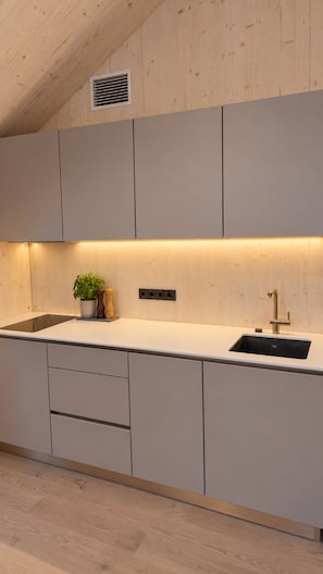 A modern kitchen with a white countertop, a sink, and a built-in stove.