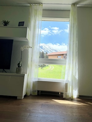 A room with a large window, a flat-screen TV, a small table with a potted plant, and a view of a mountain and a green field. - Bijou makes your vacation magical. (Diemtigen)