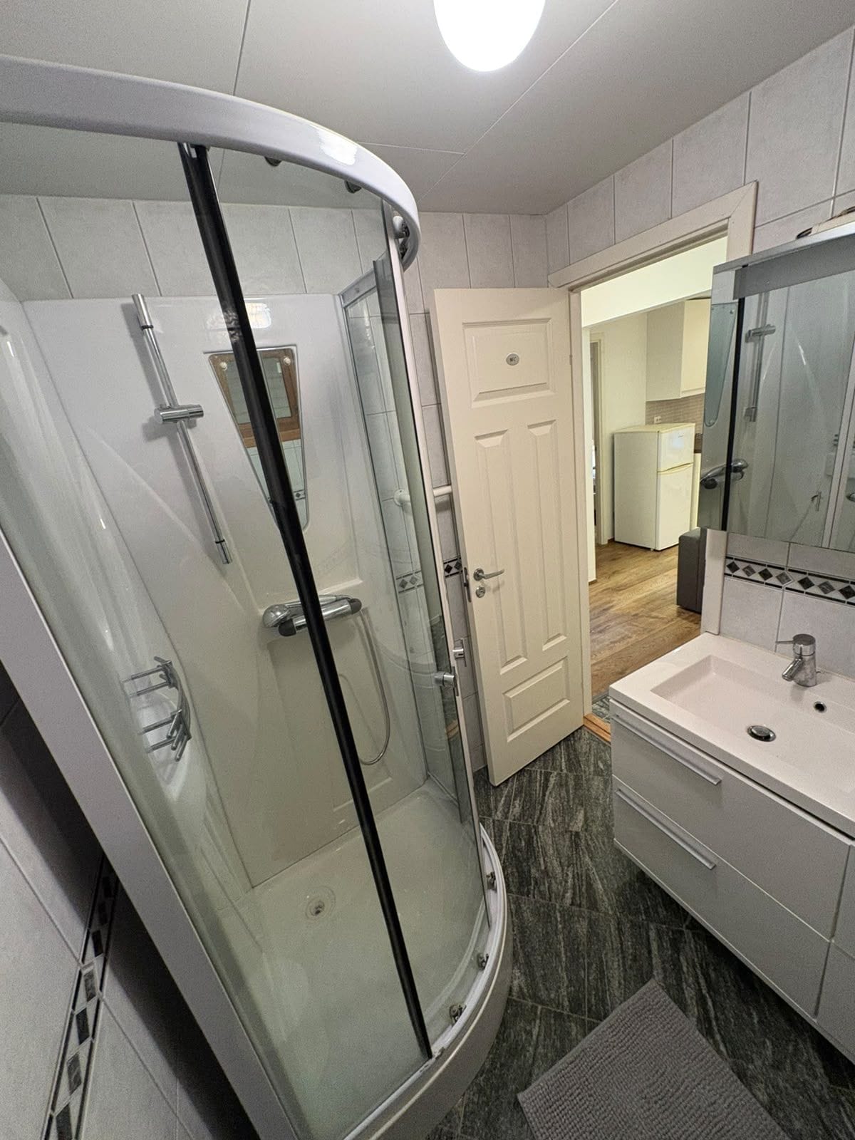 A modern bathroom with a glass-enclosed shower, a white sink, and a mirror.
