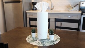 Un tavolo da pranzo con un dispenser di carta, due piccole piante in vaso e un sottopiatti con motivi floreali.