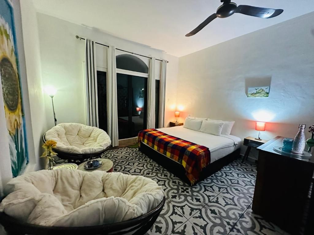 Een hotelkamer met een bed, een stoel, een bureau, een plafondventilator en uitzicht op het omliggende landschap.