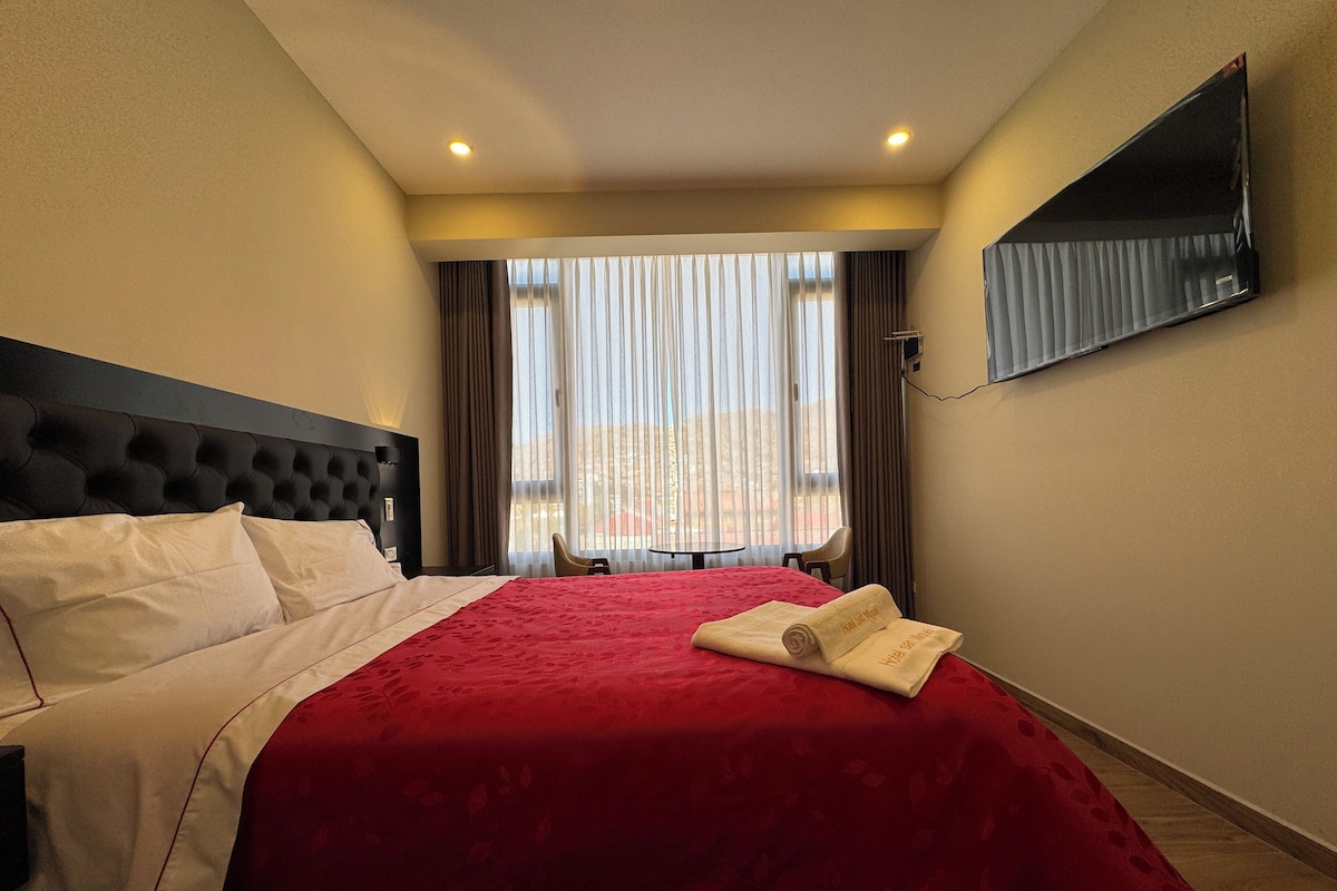 A hotel room with a large bed, a flat-screen TV mounted on the wall, and a view of the city through the window.